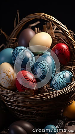 Dark themed setting with a basket of beautifully colored Easter eggs Stock Photo