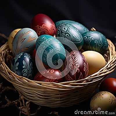 Dark themed setting with a basket of beautifully colored Easter eggs Stock Photo