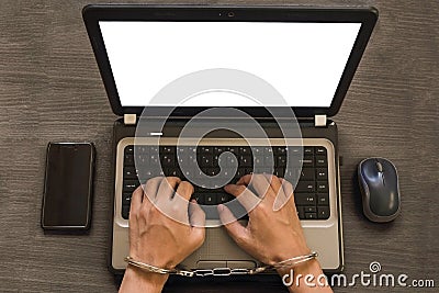 Dark Tone Of Cyber Crime, Hacking, Bullying Against Law With Han Stock Photo
