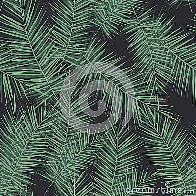 Dark tropical background with jungle plants. Seamless vector tropical pattern with green palm leaves. Stock Photo