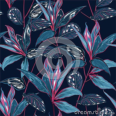 Dark Tropical forest night botanical Motifs scattered random. Seamless vector texture Floral pattern in the many kind of wild Stock Photo