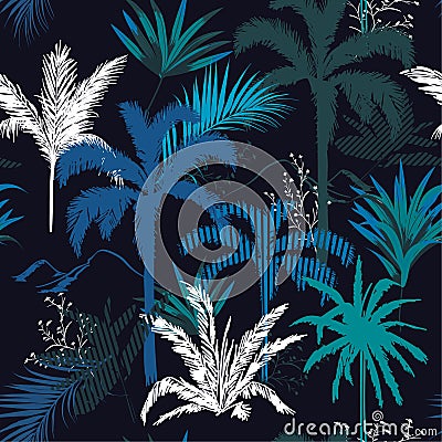 Dark tropical forest night leaves and tress hand drawn style s Stock Photo