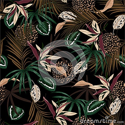 Dark Tropical jungle and colorful palm leaves, exotic palnts with animal skin seamless pattern floral design for fashion, Stock Photo