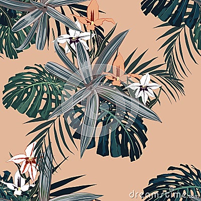 Dark tropical leaves with jungle plants. Seamless vector tropical pattern with green palm, monstera Stock Photo