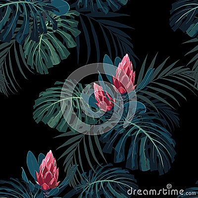 Dark tropical leaves with jungle plants. Seamless vector tropical pattern with green palm. Stock Photo