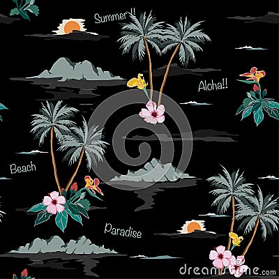 Dark Tropical seamless island pattern in black background. Stock Photo