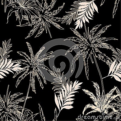 Dark tropical Seamless pattern vector jungle palm leaves, trees Stock Photo