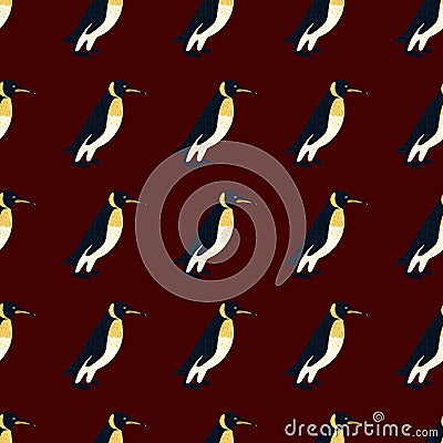 Dark tropical zoo seamless pattern with doodle penguin ornament. Maroon background. Animal exotic backdrop Vector Illustration