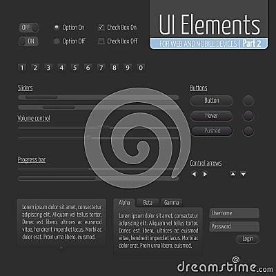 Dark UI Elements Part 1: Sliders and Progress bar with buttons and authorization form, Volume control etc Vector Illustration