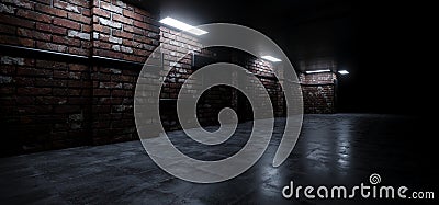 Dark Underground Brick Cement Asphalt Parking Showroom Car Garage Empty Glowing Fluorescent Lights Realistic Urban Showcase Stock Photo