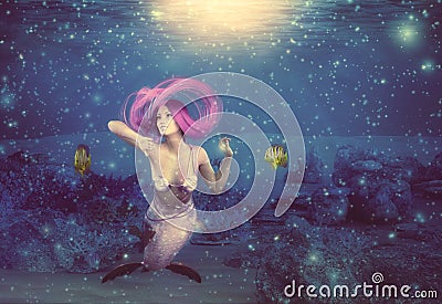 3D Underwater coral reef and mermaid Stock Photo