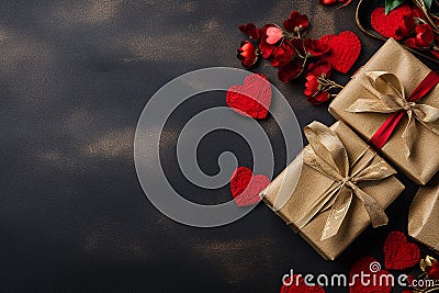 Dark Valentine's Day Background with Gifts, Hearts and Space for Text Stock Photo