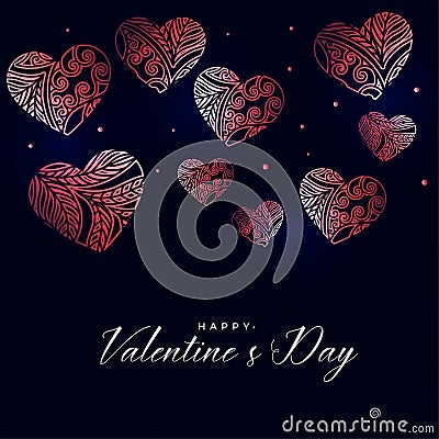 Dark valentines day background with decorative floral hearts Vector Illustration