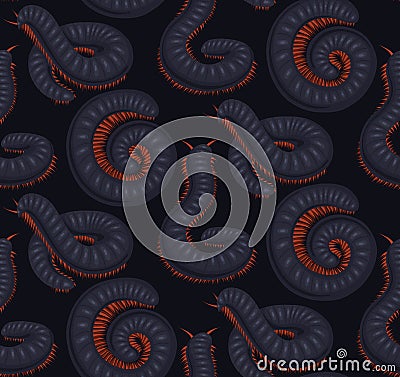Dark vector seamless pattern with scary centipedes on gray background. Texture with cartoon julida. Gloomy fabric with millipede Vector Illustration
