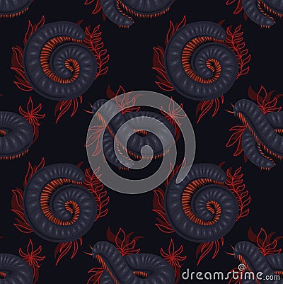 Dark vector seamless pattern with scary centipedes in roll with foliage and leaves on black background. Wallpaper with insect Vector Illustration