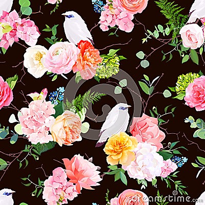 Dark vector seamless watercolor pattern with white bali starling bird and bouquets Vector Illustration