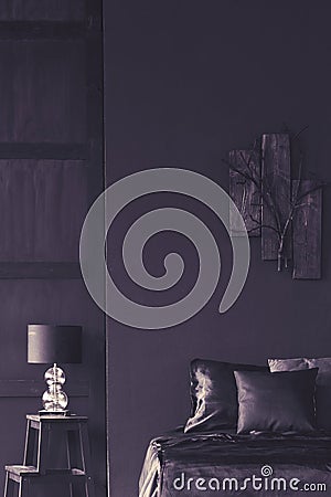 Dark violet bedroom interior Stock Photo