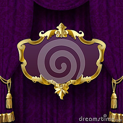 Dark violet curtain with suspended gold decorative baroque frame Vector Illustration