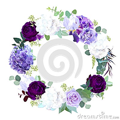 Dark violet and purple rose, white and lilac hyrangea, iris, car Vector Illustration