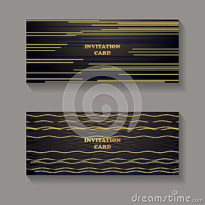 2 dark visit cards with lines and golden elements and gradient Vector Illustration