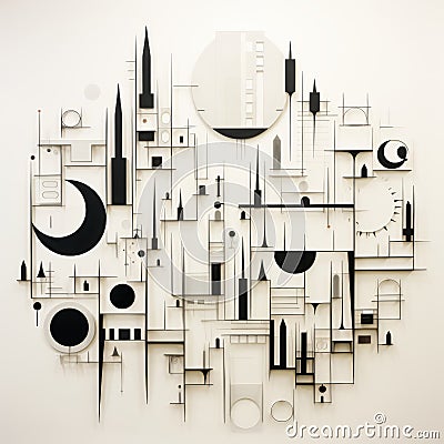 Minimalist Wall Sculpture With Clocks And Large Circles Stock Photo