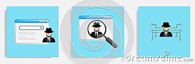Dark web, hacker programer wearing suit and hat on a web page concept. 3D cartoon vector illustration Vector Illustration