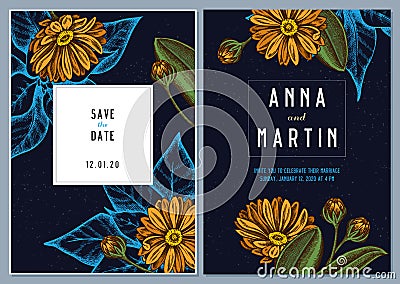 Dark wedding invitation card with colored calendula Vector Illustration