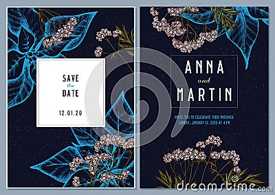 Dark wedding invitation card with colored valerian Vector Illustration