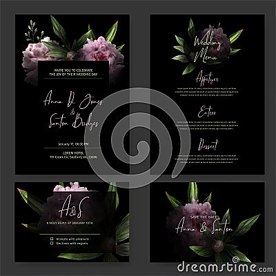 Dark wedding invitation kit, black background Vector Illustration