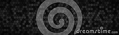 Dark widescreen banner with hexagons with different transparencies. Modern black geometric design header Vector Illustration
