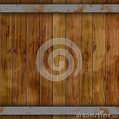 Dark wood barrel deck board seamless background with nine planks and two rusty metal hoops Stock Photo