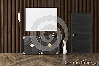 Dark wood living room, chest of drawers, poster Stock Photo