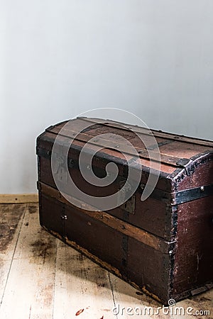 dark wood trunk in a country house. antique treasure chest with Stock Photo