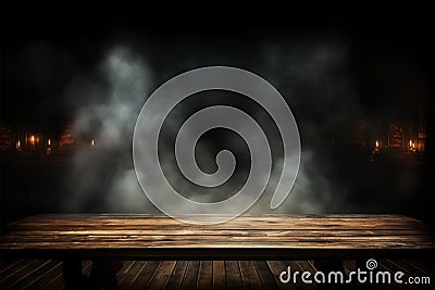 Dark wooden table, ethereal smoke, space for personalized decoration Stock Photo