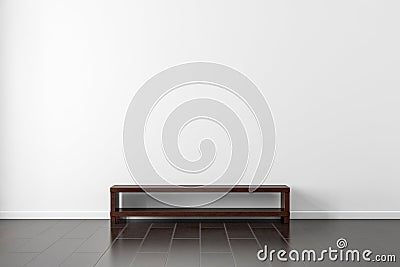 Dark wooden Tv console bureau Mockup near white wall in empty living room Stock Photo