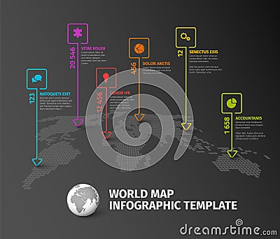 Dark World map infographic template with thin line square pointer marks Vector Illustration