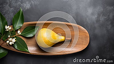 Dark Yellow Wooden Plate With Leaf And Ripe Pear Stock Photo