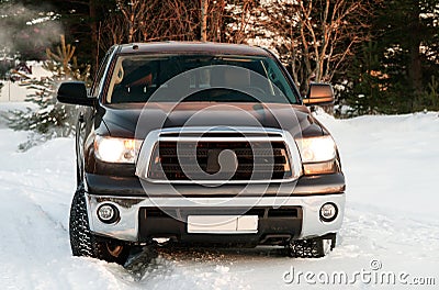 Darkly Gray sport utility vehicle in winter forest Stock Photo