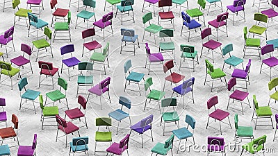 Darkly Tones Variously Colored and Arranged Leather Chairs on Colorless Wood Stock Photo