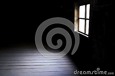 Darkness and horror, background with copy space. Inside in an empty dark room of an old abandoned house with black walls mystical Stock Photo