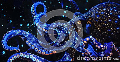 In the darkness of the oceans depths a hungry octopus extends its tentacles towards a of sparkling bioluminescent Stock Photo