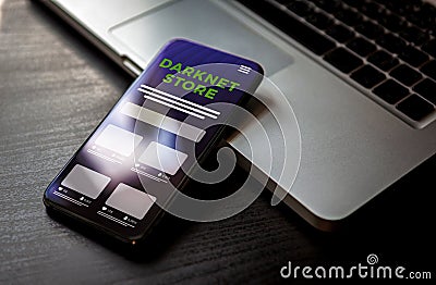 Darknet store market for buying and selling illegal goods concept. Smartphone with anonymous black marketplace on the screen Stock Photo