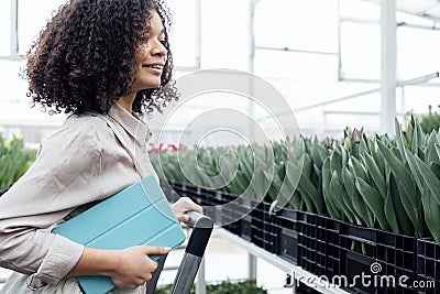 Darkskinned female farmer stands on stepladder among grown flowers Stock Photo
