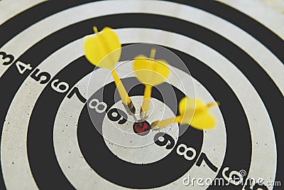 dart on board right direction hit target goal. Competition game to win focus on achievement with smart thinking planning accurate Stock Photo