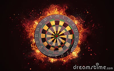 Dart board target in burning flames close up on dark brown background. Cartoon Illustration