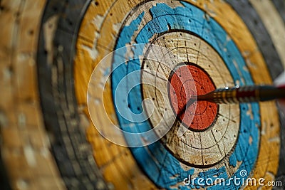 Dart hitting a target on a colorful and rustic dartboard Stock Photo