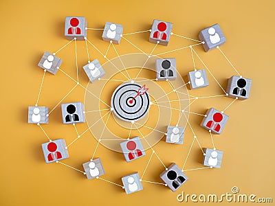 Dartboard and red arrow connection linkage with human icon for customer focus target group and customer relation management Stock Photo