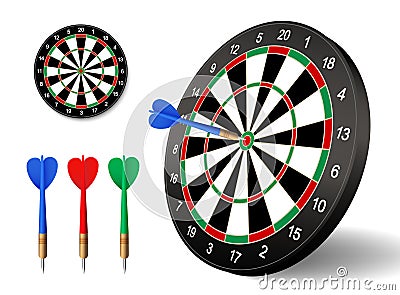 Dartboard vector icon set. Black dart board with arrows for darts game. Business target symbol Vector Illustration