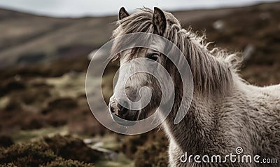 Dartmoor pony amidst rugged untamed wilderness of Dartmoor National Park. ponys hardy surefooted nature and its distinct breed Stock Photo