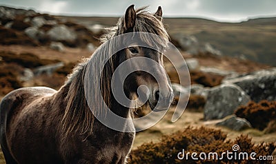 Dartmoor pony amidst rugged untamed wilderness of Dartmoor National Park. ponys hardy surefooted nature and its distinct breed Stock Photo